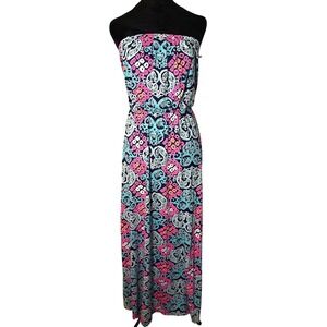 Lilly Pulitzer 100% Pima Cotton Strapless Maxi Dress Navy Behind The Gate SZ XS